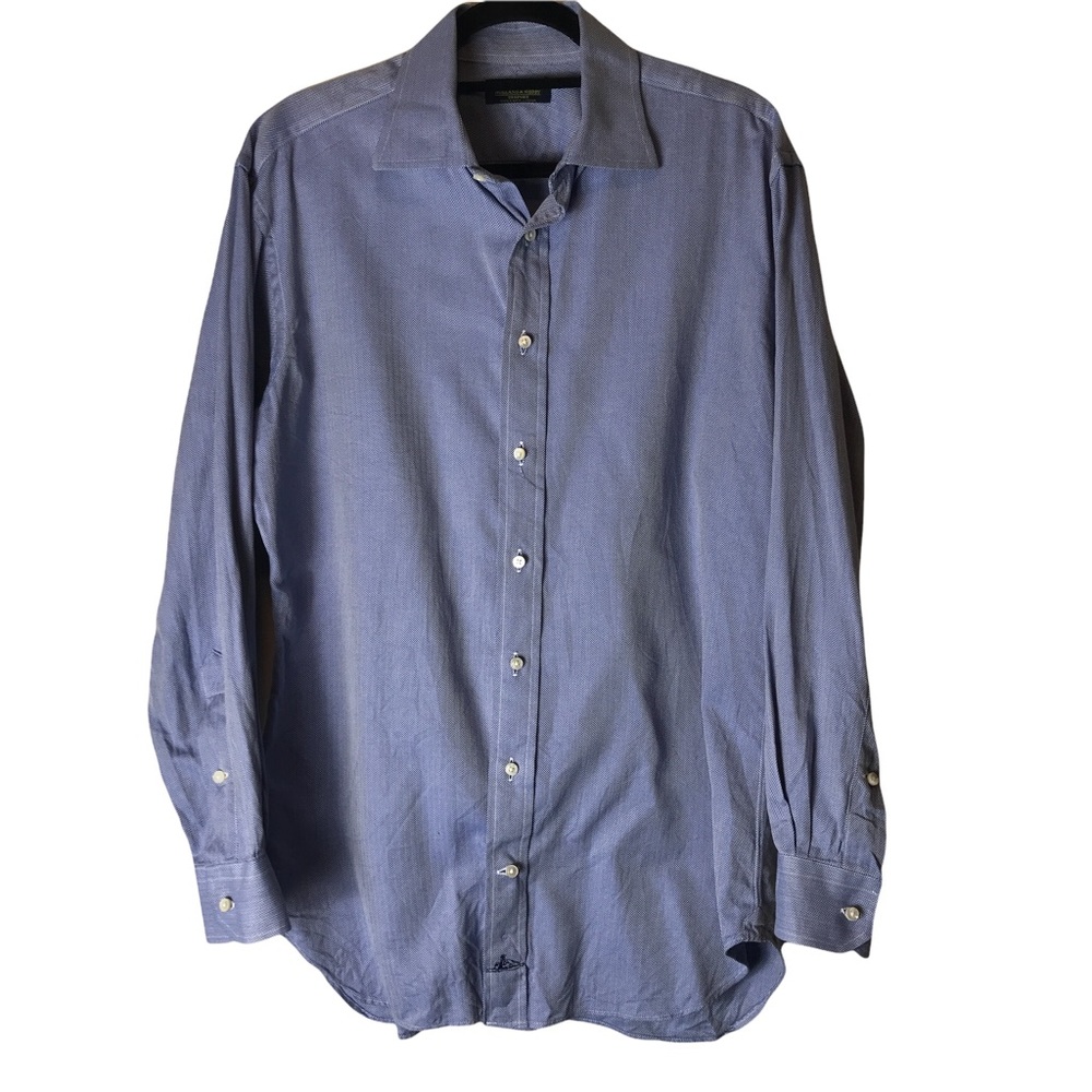 Holland and Sherry Bespoke Blue and White Herringbone Pattern Custom Dress Shirt